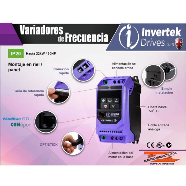 Variador Invertek E3 / 0,5 HP / 2,3 Amp / Entrada: 110V AC / Salida: 220V AC