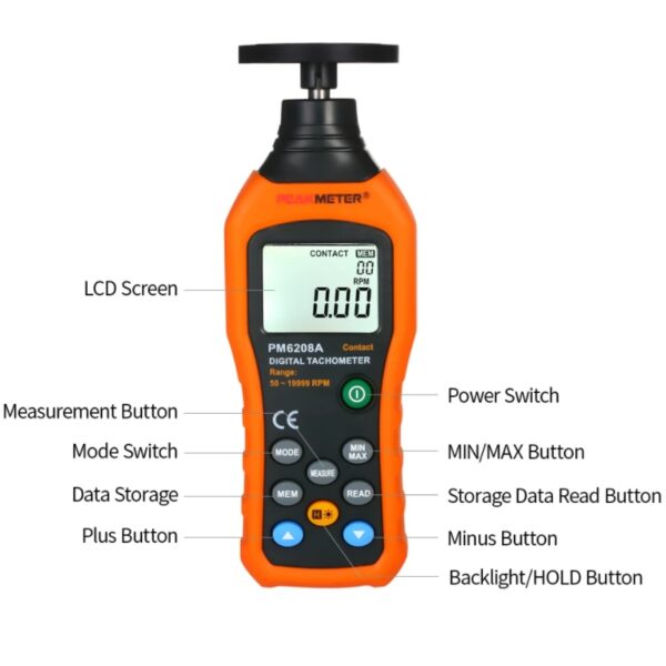 Tacómetro Digital de Contacto | Rango 50-19999 rpm - PeakMeter - Ingecom Eléctricos SAS