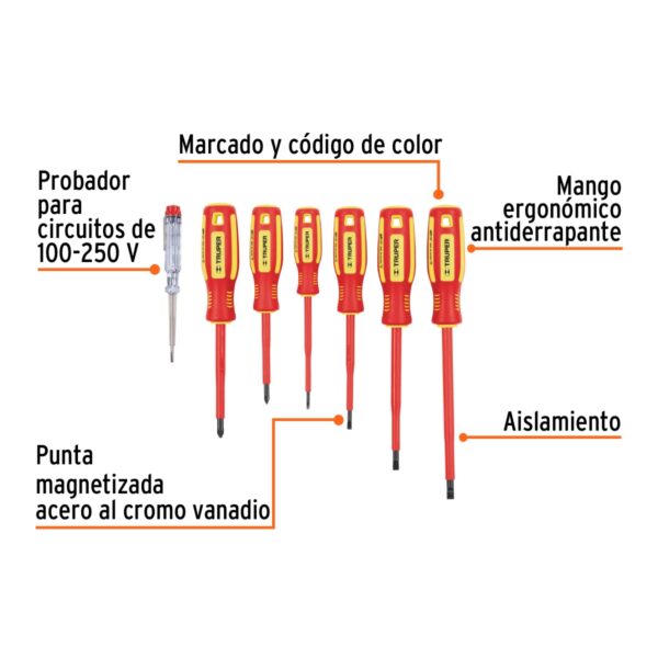 Juego de 6 Destornilladores dielectricos y tester TRUPER