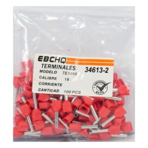TERMINAL PIN HUECO DOBLE ROJO 18AWG X 1 PQTE DE 100 UNID - EBC